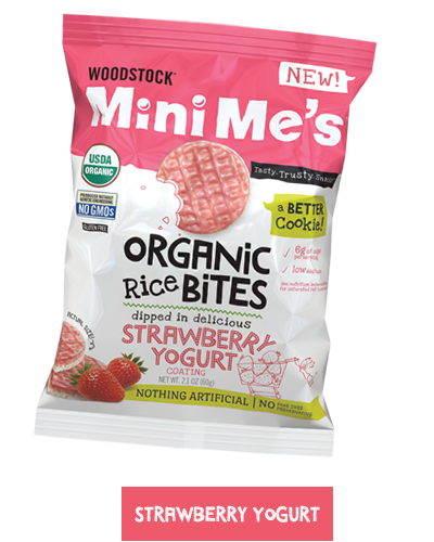 Woodstock Mini Me's organic Rice bites dipped in strawberry yogurt coating